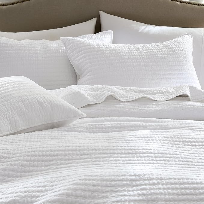 WDCOZY 100% Cotton King Size Quilt Set - White Striped Pick Stitch Soft Lightweight Bedspread, Textured Like Linen, Farmhouse Country Rustic Coverlet, Shabby Chic Gauze Bedding, 3 Pieces