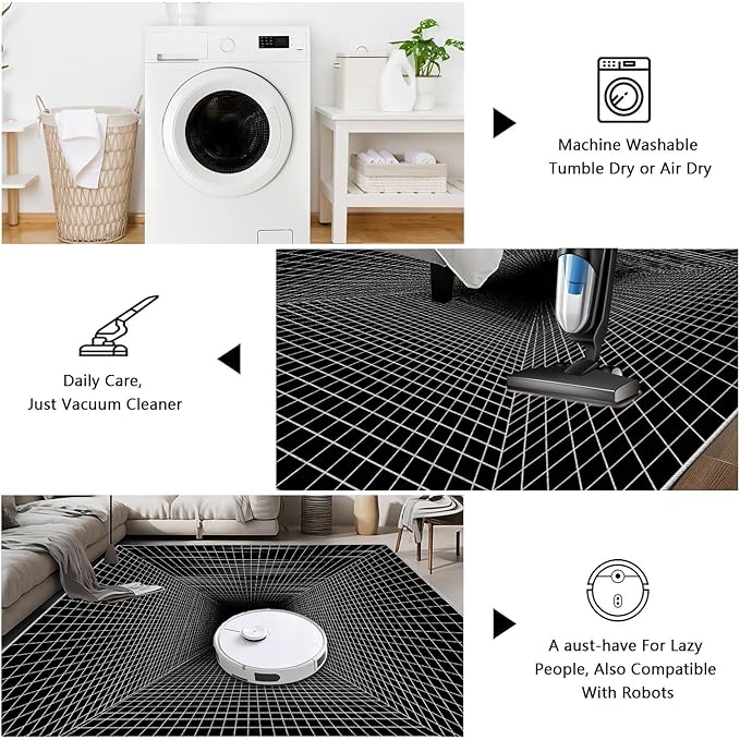 Optical Illusion Rug - Washable Rugs 3x5, Abstract Geometric Lines Soft Neutral Indoor Floor Mats Plaid Carpet, Non-Slip Stain Resistant Modern Black Rug for Bedroom, Living Room Rugs