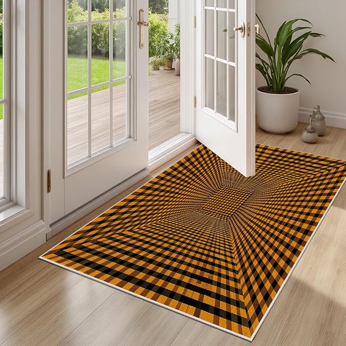 3D Rugs Optical Illusion - Plaid Rug 5x8, Geometric Stripes Soft Neutral Indoor Floor Mats Carpet, Non-Slip Stain Resistant Modern Orange Rug for Bedroom, Living Room Rugs