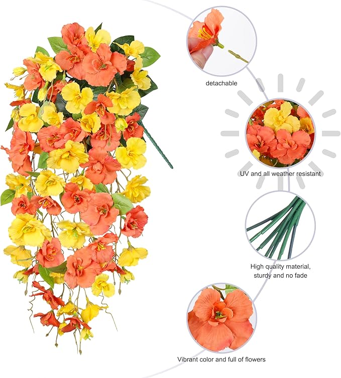 HyeFlora Hibiscus Fall Flowers Artificial Hanging Flowers Plants for Outdoors Autumn Decoration, 2pcs Silk Hibiscus Vines Realistic UV Resistant Faux Flowers for Outside Planters Yard Garden Home, Mix