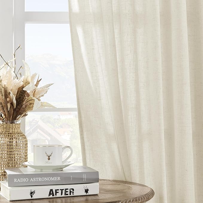 Joydeco Linen Curtains 2 Panel Set,Light Filtering, Ivory on Linen Curtains 90 Inch Curtains for Living Room, Cream Drapes 90 Inches Long Rod Pocket Back Tab Curtains (90" L x 70" W)