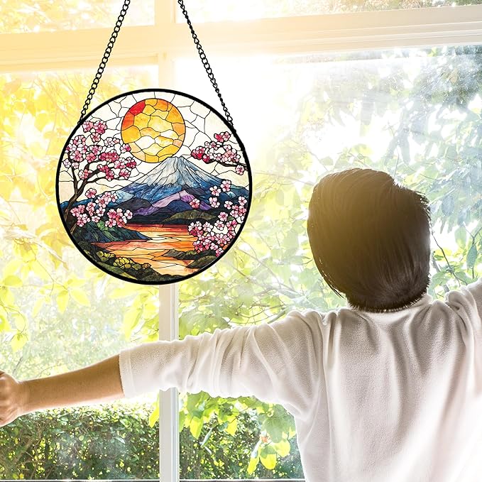 Stained Glass Window Hanging, Sun Blooming Cherry Blossoms Suncatcher Diamond Glass Panel Sun Catchers Decor for Birthday for Women, Men, Wife, Aunt, and Mom 9.8 in