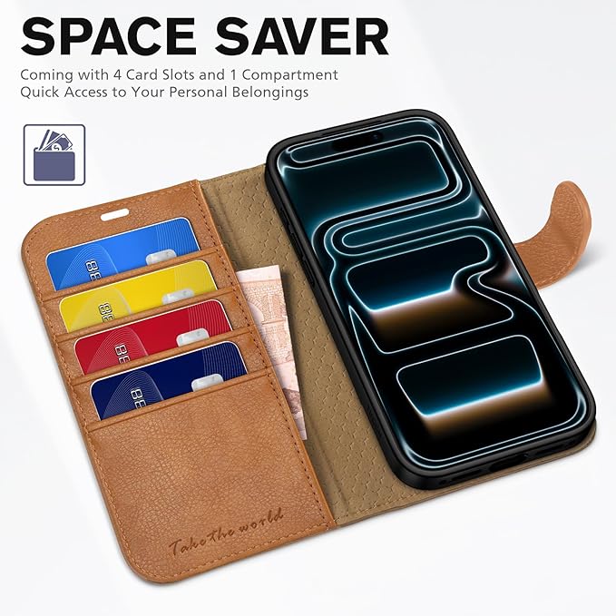TUCCH Wallet Case for iPhone 17 Pro Max (6.9") 2025, 4 Card Holders | RFID Blocking | Stand | PU Leather | Magnetic Closure | Protective Folio Cover | Shockproof TPU Shell | Light Brown