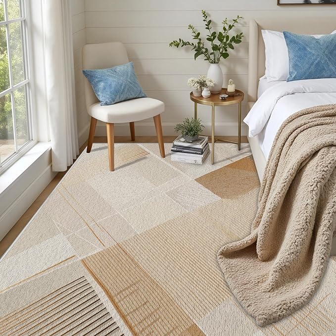 Minimalist Abstract Area Rug 8x10 Brown Boho, Modern Washable Stripe Art Rugs, Soft Non-Slip Low-Pile Carpet for Living Room, Bedroom, Kitchen, Dining Room, Pet Friendly, Non-Shedding, Beige