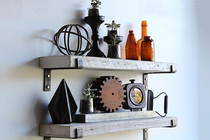 Urban Legacy Accent Shelves | Reclaimed Barn Plank | Set of 2 with Full Brackets (White Wash 40" x 7" x 2")