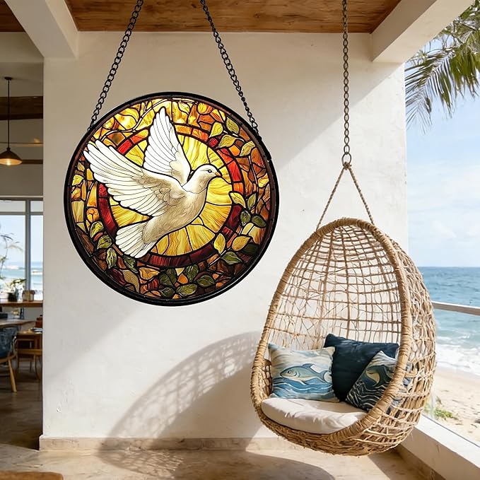 DASTOLL Stained Glass Window Hanging, Flying White Dove Sun Catchers Diamond Glass Panel Hangings Cute Birds Suncatcher Decor for Birthday for Women, Men, Wife, Aunt, and Mom 14.9 in
