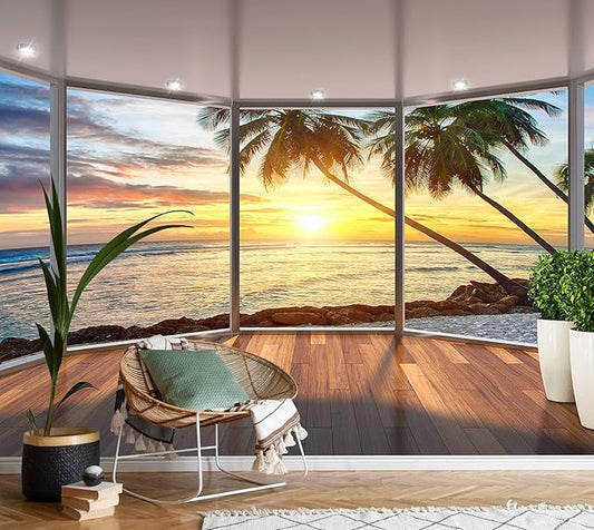 AFZEVEB-3D Landscape Wallpaper seafront verandahs Wall murals for Bedroom 114"x74"(Not Peel and Stick)