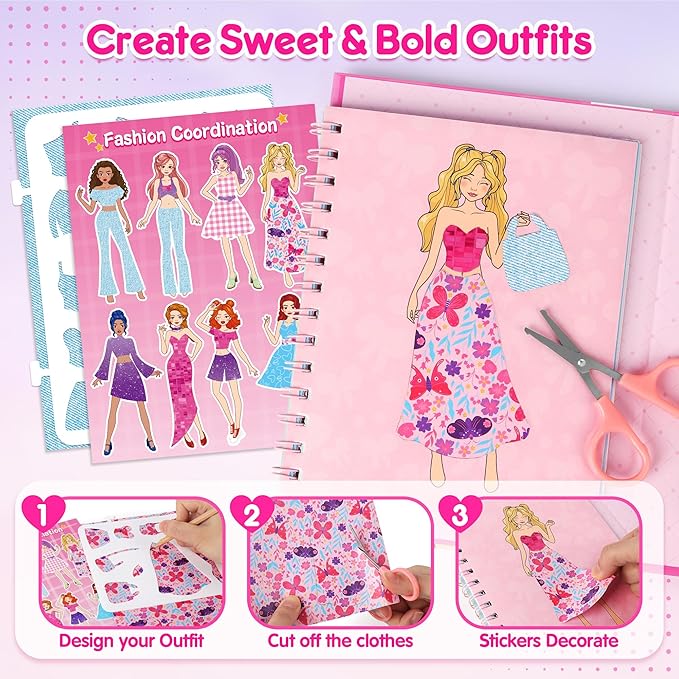 Mocoosy Makeup Craft Kit for Girls Ages 6-8, Pretend Makeup Coloring Activity Book with Stickers, Fashion Designer Kit for Girls Art & Craft, Travel Game Road Trip Toy Gift for Girl 5 6 7 8 Years Old