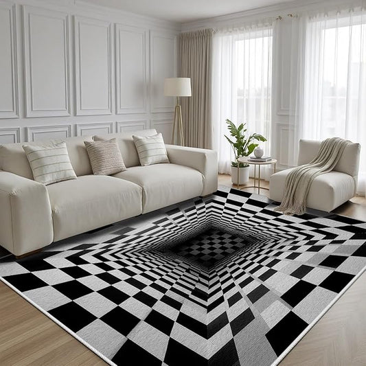 Optical Illusion Rug - Black and White Rug for Living Room, Soft Ultra Soft Faux Wool 5x6 Area Rugs Floor Mats, Non Slip&Non-Shedding Low Pile Checkered Washable Rugs, Abstract Geometric Carpet