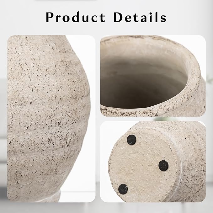 Briful 6.1'' Large Ceramic Rustic Vase Shabby Vintage Textured Vase, 4.72'' Wide Mouth Pampas Jar Vases Pottery for Fake Flowers Branches, Farmhouse Home Décor, Weddings Shelf Table Decor, Cream White
