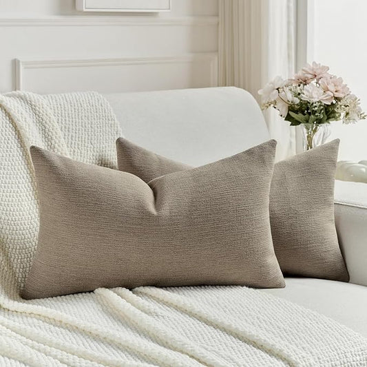 FUTEI Coffee Chenille Decorative Throw Pillow Covers 12x20 Inch Set of 2,Soft Cozy Faux Linen Textured Lumbar Pillow Cases,Farmhouse Home Decor for Couch Living Room