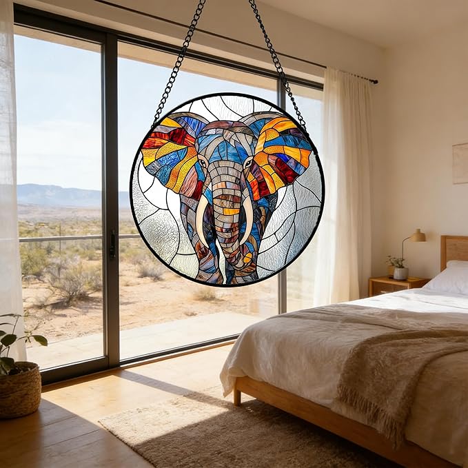 Stained Glass Window Hanging, Colorful Elephant Sun Catcher for Door Home Decor Animal Suncatcher Christmas Mother's Day Birthday Gifts for Women Men Mom and Nana 15 in