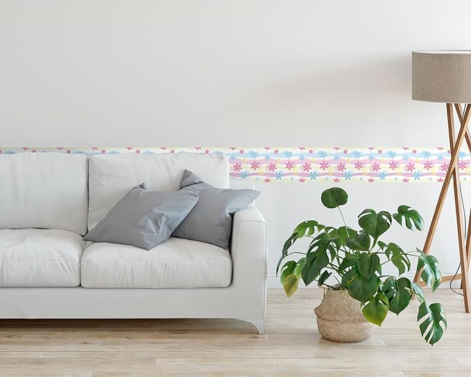 FLFK Wallpaper Border, Rainbow Flowers Peel and Stick Wall Border Self Adhesive Wall Paper Borders for Bedroom Living Room Girl's Room Kitchen Bathroom 8"x240"