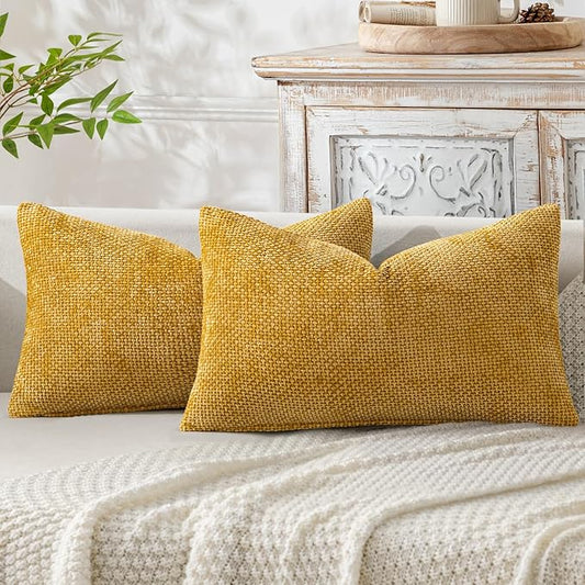 MIULEE Pack of 2 Lumbar Couch Throw Pillow Covers 20x12 Inch Neutral Gold Modern Boho Accent Decorative Pillow Covers Soft Chenille Farmhouse Cushion Covers for Home Decor Bed Sofa Living Room