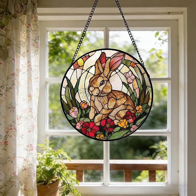 Stained Glass Window Hanging, Cute Bunny Flowers Sun Catcher for Window Door Home Decor, Rabbit Suncatcher Christmas Mother's Day Birthday Gifts for Women Men Mom and Nana 9.8 in