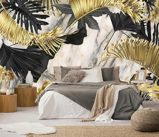 Seamless Summer Pattern with Golden White and Black Tropical Plants.Modern Abstract Design for Paper Wallpaper Cover Fabric （Non-self-Adhesive）