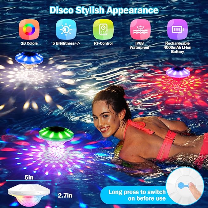 Floating Pool Lights, Pool Lights That Float with Remote, Rechargeable 4000mAh IP68 Waterproof Upper and Lower Color Changing Light with 6 Dynamic Lighting Effects for Bathtub 2 Pack