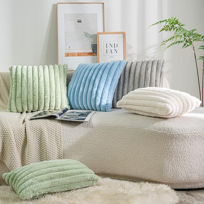 DEELAND Pack of 2,Double-Sided Faux Fur Plush Decorative Throw Pillow Covers Fuzzy Striped Soft Pillowcase Cushion Covers for Sofa Couch Bedroom Lightblue 12x20 inch