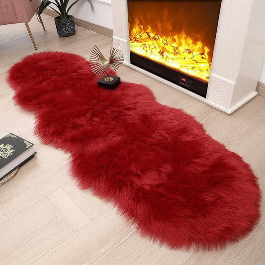 Faux Fur Rug 2 x 6 ft Red Shaggy Sheepskin Machine Washable Fuzzy Area Rug Super Soft Fluffy Plush Carpet for Bedroom Living Room Floor Nursery Kids Room Runner Bedside Rug