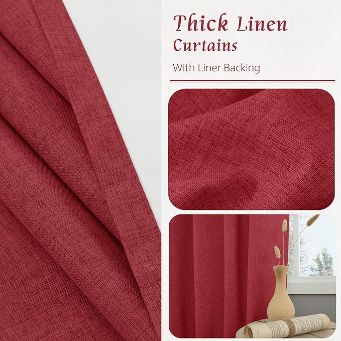 LAMIT Red 100% Blackout Linen Curtains, 84 Inch Linen Textured Living Room Christmas Decor Curtains Room Darkening Back Tab and Rod Pocket Neutral Panels with White Liner, 2 Panels, 52 x 84 Inch