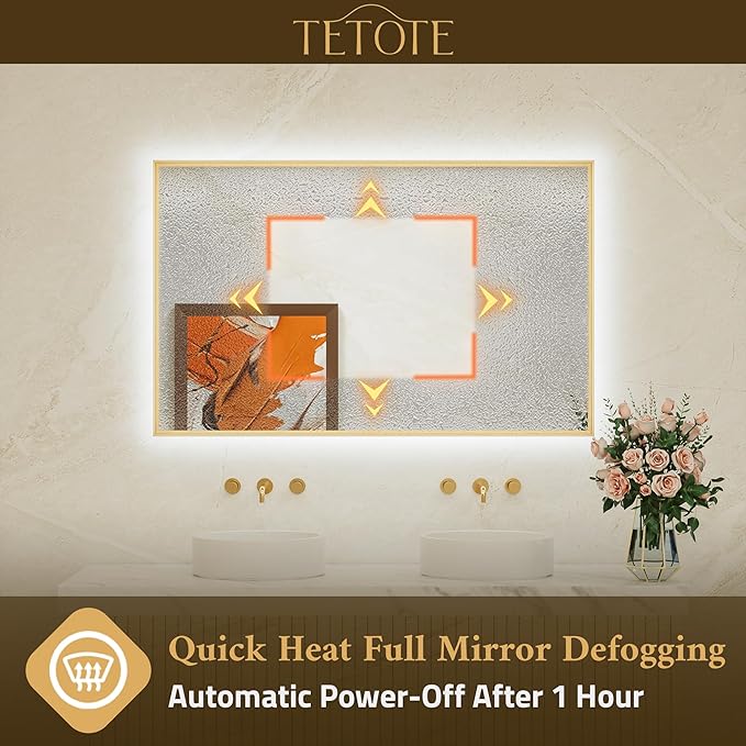 TETOTE 48 x 36 Backlit Bathroom Mirror Brushed Gold Metal Frame LED Light Vanity 3-Color White/Warm/Natural Stepless Dimmable Anti-Fog Backlight Mirror Wall-Mounted