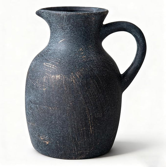 Ceramic Rustic Vase with Handle, Decorative Jug Pitcher, Terracotta Stone Vase for Decor Living Room, Vintage Home Decor, Black