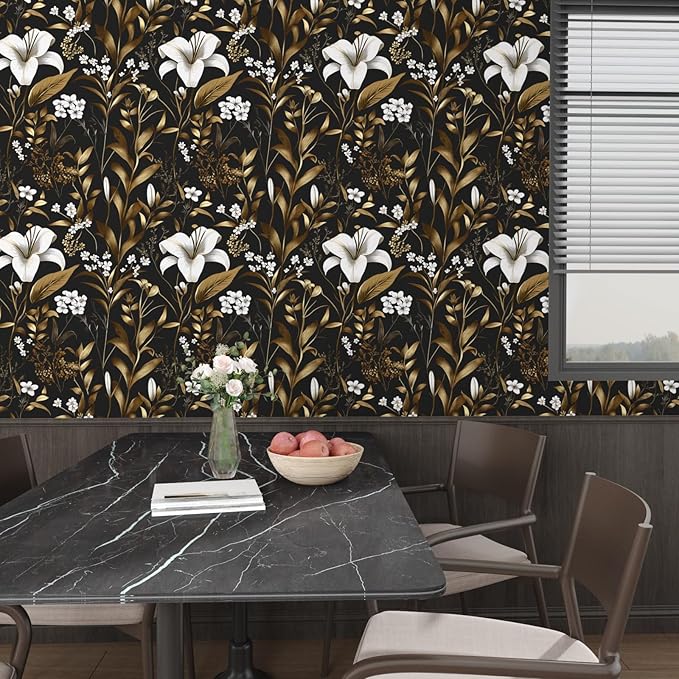 Black White Floral Wallpaper Peel and Stick, Dark Gold Vintage Contact Paper 17.5" x 393", Golden Botanical Wall Paper Self Adhesive Removable Waterproof for Bedroom Cabinet Drawer Table Decor