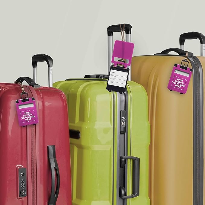 100 Mini Carry-on Luggage Tags Pack - Customizable Text, Logo - Flip Open Cover, ID Sticker - Purple