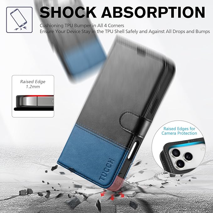 TUCCH Wallet Case for iPhone 17 Pro Max (6.9") 2025, RFID Blocking 4 Card Slots | Kickstand | Magnetic Closure | PU Leather | Shockproof TPU Shell | Protective Cover | Black & Light Blue