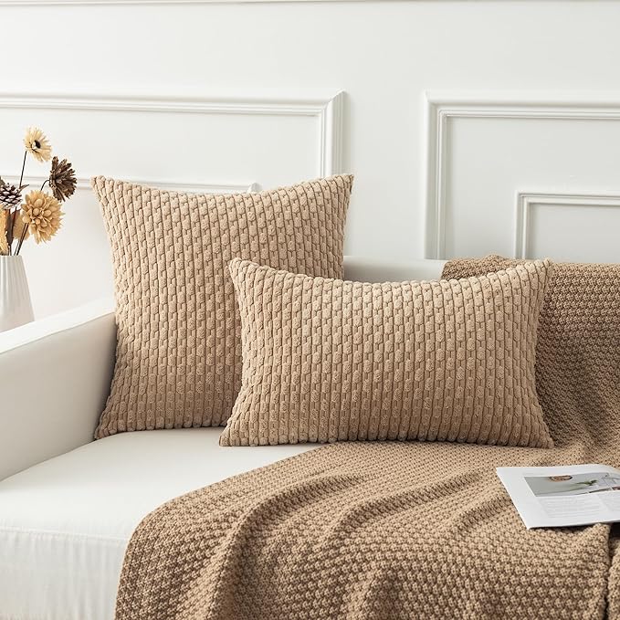 Kevin Textile Euro Sham Pillow Covers 28x28 Inch 2 Packs Soft Boho Striped Corduroy Decorative Throw Pillows for Living Room Couch Bed Sofa Rustic Farmhouse Home Decor 71x71cm Tan