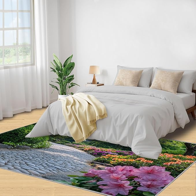 Japanese Gardens Washable Area Rugs 6x8 Non-Slip Garden Art Living Room Rug Eastern Aesthetics Soft for Carpet Low Pile Indoor Door Mat & Room Decor