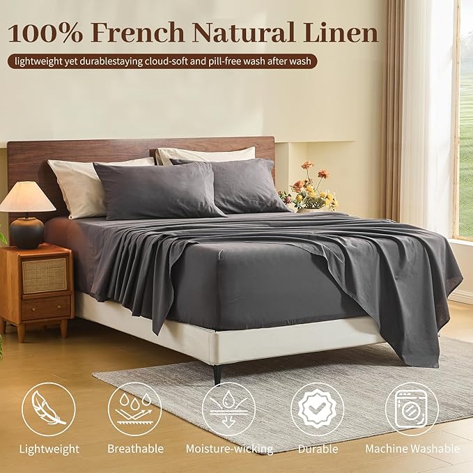 MEISHANG 100% French Pure Linen Sheets King Size - Extra Deep Pocket Sheet Set, Soft Durable Flax Linen, Anti-Tear Breathable & Oeko-Tex Certified 18-24 Deep Pocket,All Season(Dark Grey)