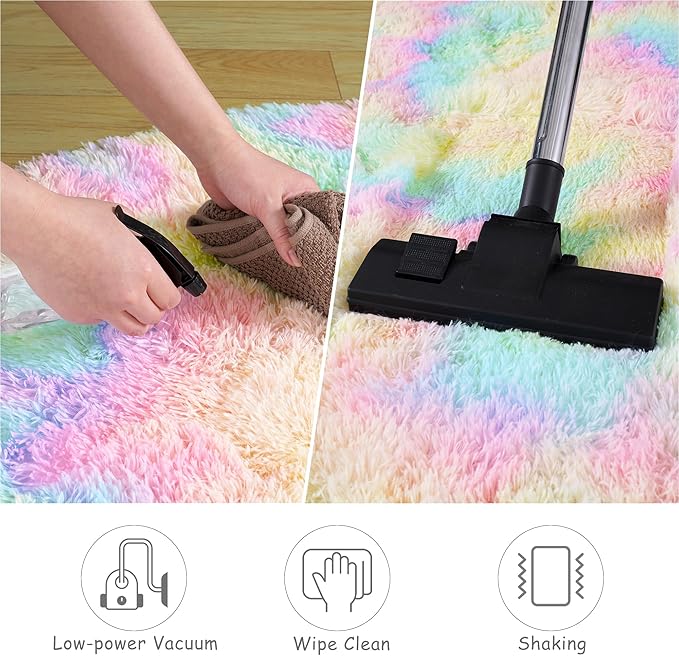 Round Fluffy Rugs 5Ft for Girls Bedroom, Rainbow Shag Circle Kids Rug Non-Slip for Bedside Dorm Nursery Playroom, Soft Cute Area Rugs for Living Room Decor