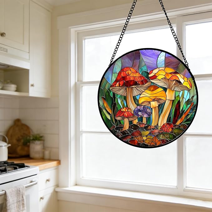 DASTOLL Stained Glass Window Hanging, Jungle Mushrooms Sun Catchers Diamond Glass Panel Hangings Plant Suncatcher Decor for Birthday for Women, Men, Wife, Aunt, and Mom 9.8 in