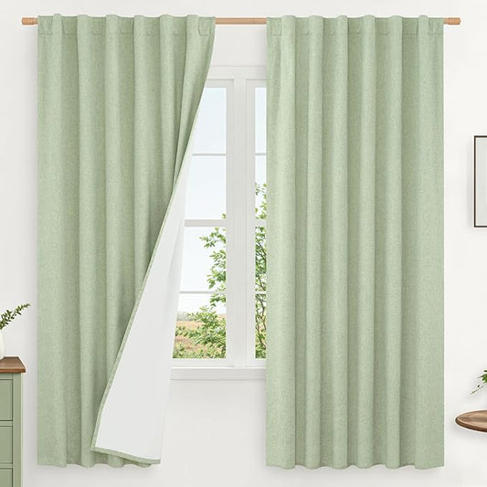 LAMIT 100% Blackout Natural Linen Curtains, 63 Inches Linen Textured Thermal Bedroom Curtains Back Tab and Rod Pocket Neutral Panels with White Liner for Farmhouse, 2 Panels, 52 x 63 Inch, Light Green