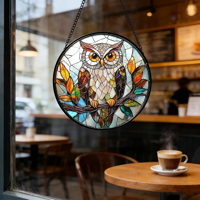 DASTOLL Stained Glass Window Hanging, Owl Colorful Leaves Birds Sun Catchers Diamond Glass Panel Hangings Suncatcher Decor for Birthday for Women, Men, Wife, Aunt, and Mom 6.3 in