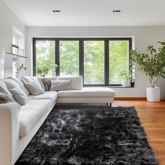 Super Area Rugs Ultra Soft & Fluffy Faux Sheepskin Rug, Black 8 x 10 Feet Carpet for Bedroom Living Room