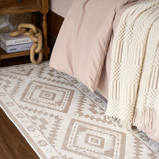 Moroccan Washable Runner Rug 2x6, Geometric Woven Area Rug, Farmhouse Boho Hallway Rug Runner, Non-Slip Soft Throw Mat for Kitchen Bedroom Living Room Laundry Entryway, Cream/White