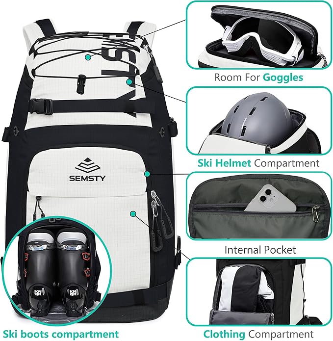 Ski Boot Bag, 55L/70L Waterproof Ski and Snowboard Boots Travel Backpack for Skis, Snowboard, Ski Helmet, Goggles, Gloves & Accessories
