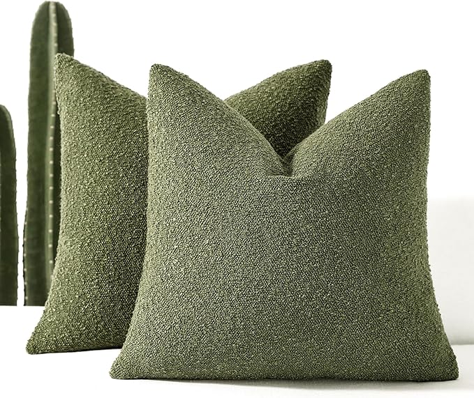 Boucle Decorative Throw Pillow Covers for Couch Set of 2, 16x16 inches, Olive