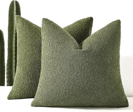 Boucle Decorative Throw Pillow Covers for Couch Set of 2, 16x16 inches, Olive