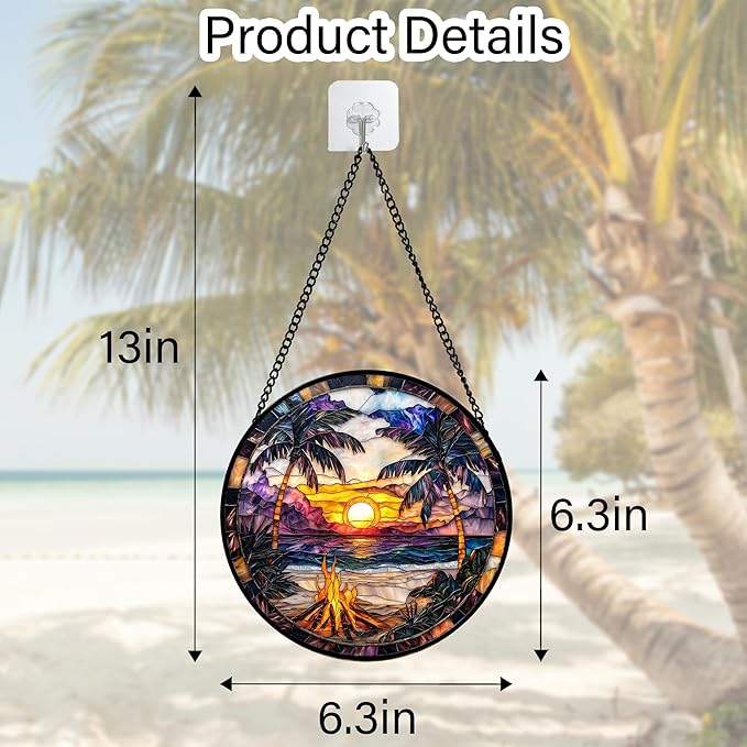 Stained Glass Window Hanging,Bonfire Beach Landscape Suncatcher Diamond Glass Panel Sun Catchers Decor for Birthday for Women, Men, Wife, Aunt, and Mom 6.3 in