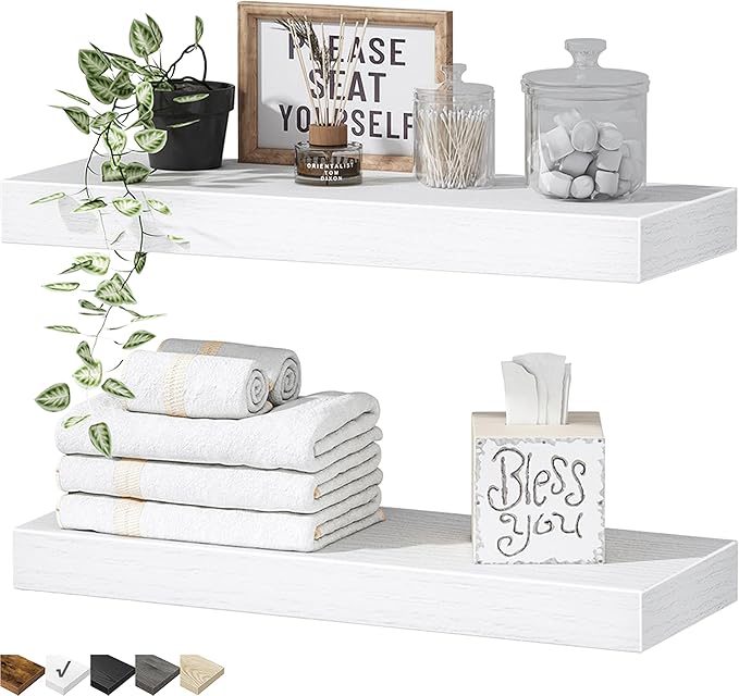 QEEIG Bathroom Floating Shelves for Wall - 15.7" Wall Mounted Shelf Over Toilet Farmhouse Home Decor Display Bookshelf Small 15.7 x 6.7 inch Set of 2, White (008-40W)