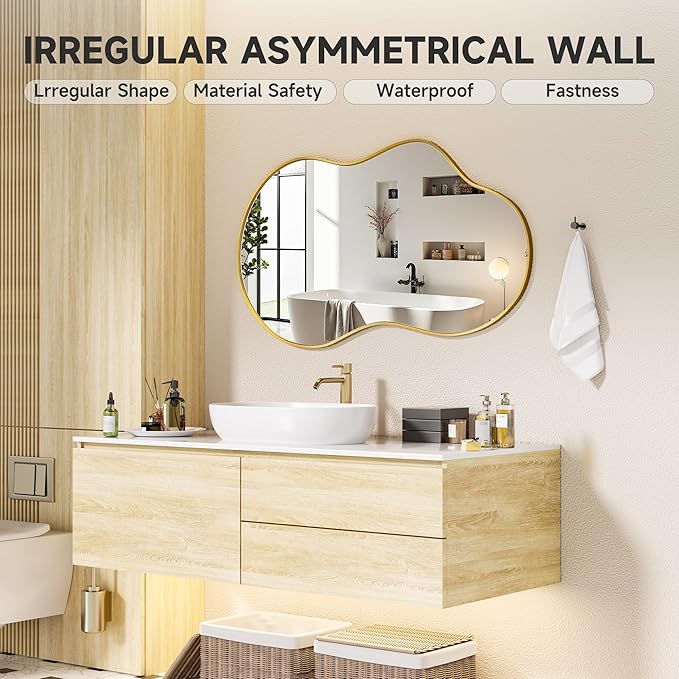 Hasipu Irregular Wall Mirror - 35"x20" Asymmetrical Mirror, Modern Decorative Mirrors for Living Room, Entryway, Hallway, Bathroom, Bedroom,Wall Mounted Home Decor (Gold)