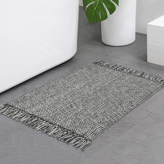 Collive Boho Small Bathroom Rug, 2' x 3' Hand-Woven Kitchen Rugs, Grey Cotton Reversible Washable Modern Farmhouse Carpet for Foyer Bathroom Bedroom Back Door
