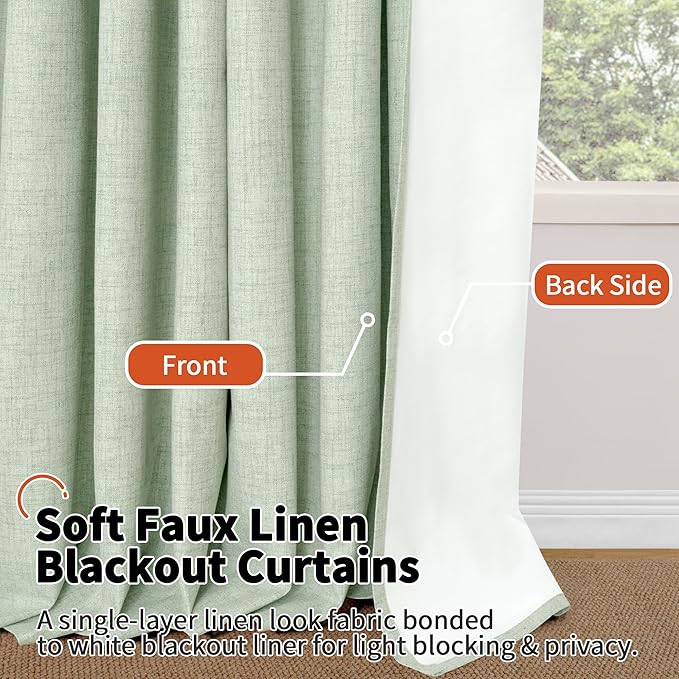 Lajode Sage Green Blackout Curtains for Bedroom - Linen Curtains 90 Inch Length Thermal Insulated Privacy Burlap Boho Window Drapes for Living Room Scandi Farmhouse Dining, 2 Panels, Each 52" Wide