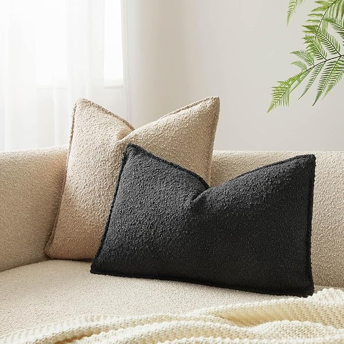 JUSPURBET Black Decorative Pillow Covers 16x24 Set of 2 Throw Pillow Covers for Couch Sofa Bed Cozy Boucle Textured Lumbar Cushion Covers Cases with Hidden Zipper for Living Room Home Decor
