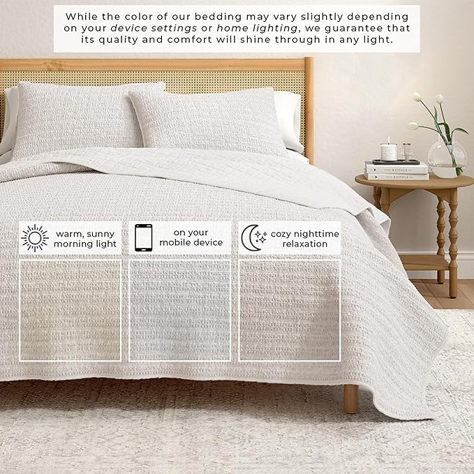 Great Bay Home Full/Queen Size Light Grey 100% Cotton Honeycomb Waffle Quilt and Sham Set - Garment Washed, Waffle Weave Like Texture, Lightweight 3-Piece Bedding Set