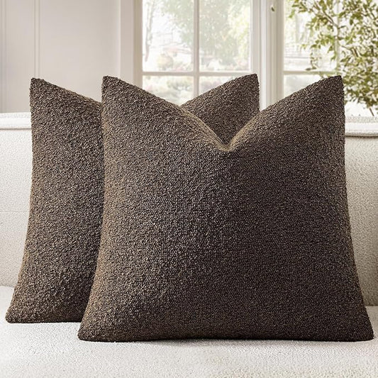 Woaboy Pack of 2 18x18 Inch Decorative Boucle Throw Pillow Covers Textured Square Pillowcaes Accent Solid Cozy Soft Cushion Covers Home Decor for Sofa Couch Living Room Home Decor,Chocolate