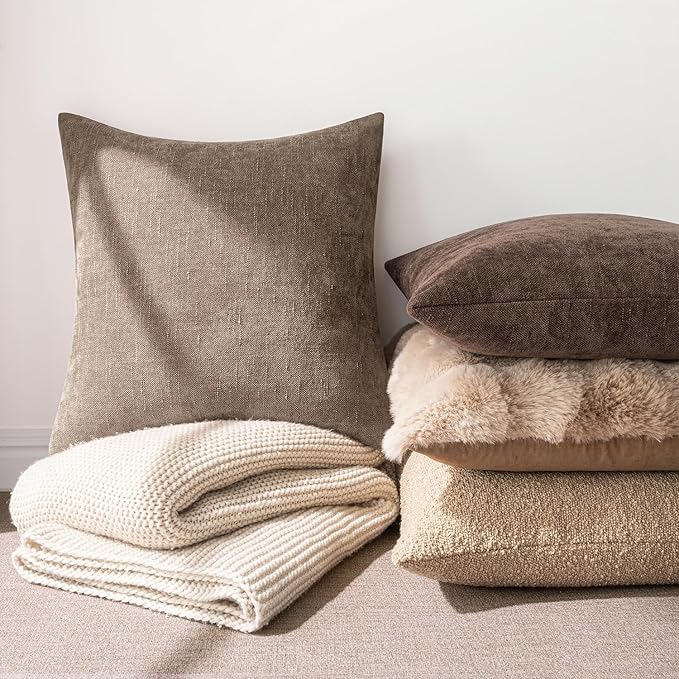 MIULEE 24x24 Inch Euro Chenille Throw Pillow Covers Set of 2 Soft Accent Taupe Grey Neutral Farmhouse Textured Cushion Covers for Bed Sofa Couch Bedroom Living Room